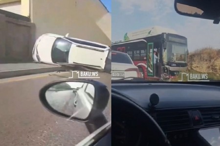 Hövsanda BakuBusla toqquşan avtomobil aşdı - VİDEO