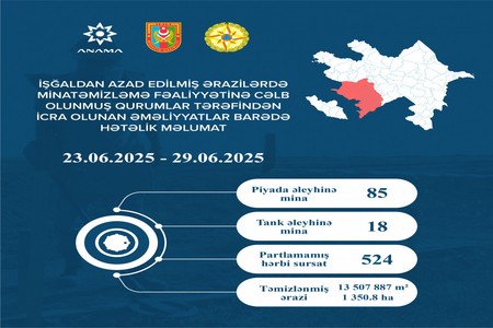 Azad edilmiş ərazilərdə daha 103 mina, 524 PHS aşkarlanıb