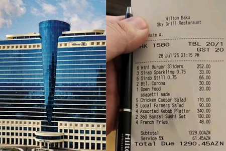 Hilton Baku”da 42 manata burger, 11 manata qazlı su: Turistlər 1290 manatlıq hesabı paylaşdı