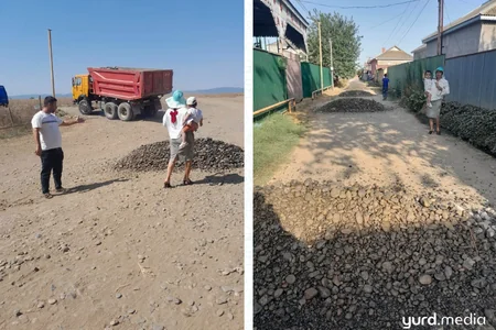 Cəlilabadda xanım bələdiyyə sədri azyaşlı nəvəsi ilə yol təmirində - FOTO